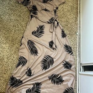 Elegant Beige and Black Leaf Print Dress
